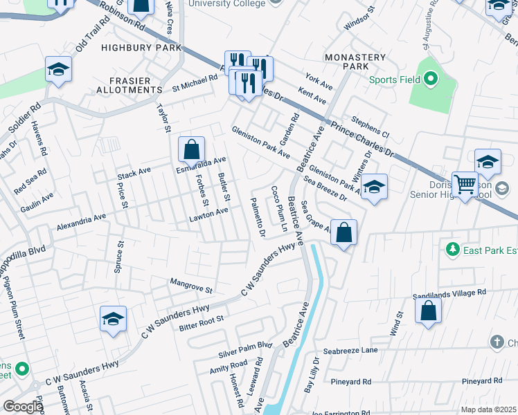 map of restaurants, bars, coffee shops, grocery stores, and more near 24 Palmetto Drive in Nassau