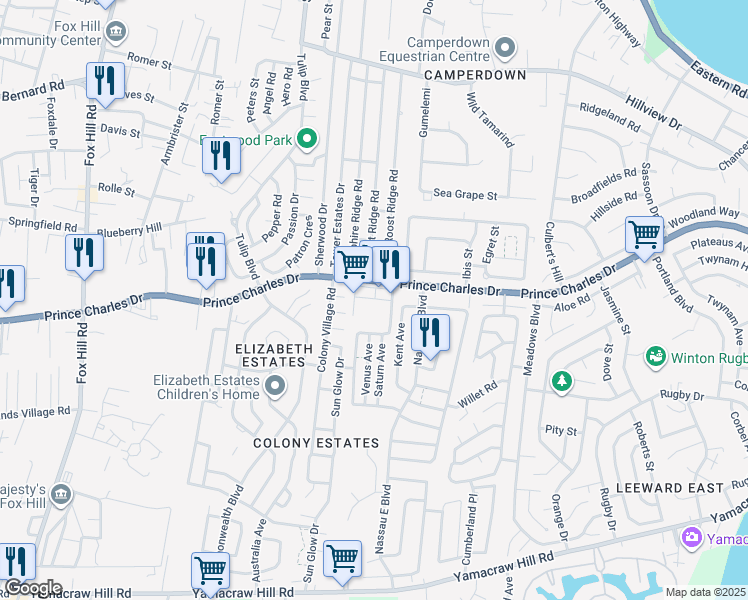 map of restaurants, bars, coffee shops, grocery stores, and more near Jupiter Way in Nassau