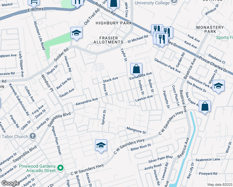 map of restaurants, bars, coffee shops, grocery stores, and more near Alexandria Avenue in Nassau