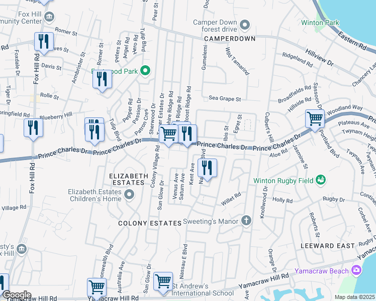 map of restaurants, bars, coffee shops, grocery stores, and more near Jupiter Way in Nassau