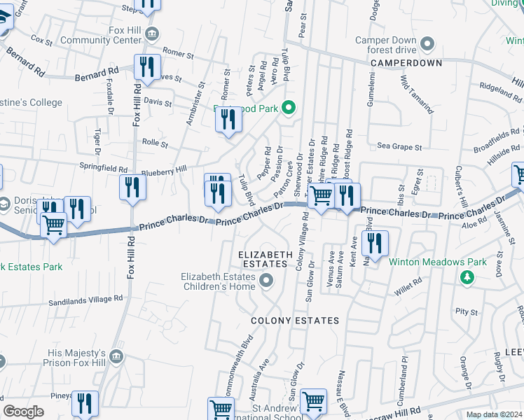 map of restaurants, bars, coffee shops, grocery stores, and more near Prince Charles Drive in Nassau