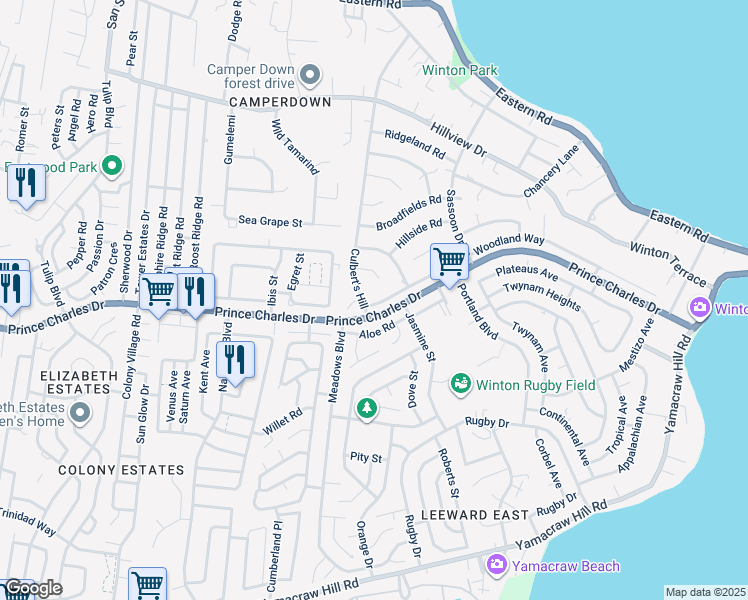 map of restaurants, bars, coffee shops, grocery stores, and more near Culbert's Hill in Nassau