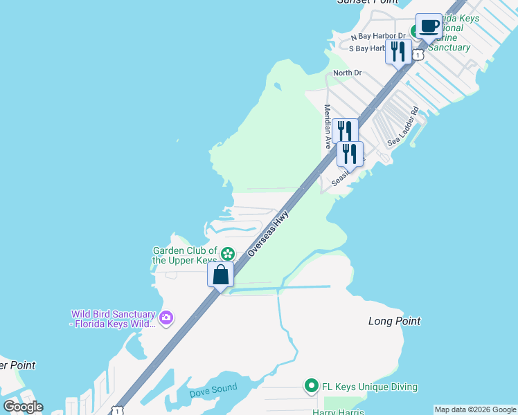 map of restaurants, bars, coffee shops, grocery stores, and more near 94220 Overseas Highway in Key Largo
