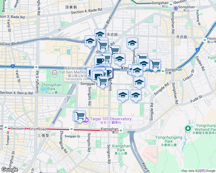 map of restaurants, bars, coffee shops, grocery stores, and more near 32 Songren Road in Xinyi District