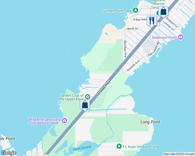 map of restaurants, bars, coffee shops, grocery stores, and more near 185 Adobe Casa Court Drive in Key Largo