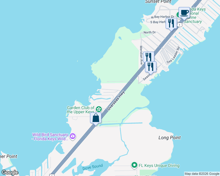 map of restaurants, bars, coffee shops, grocery stores, and more near 185 Adobe Casa Court Drive in Key Largo