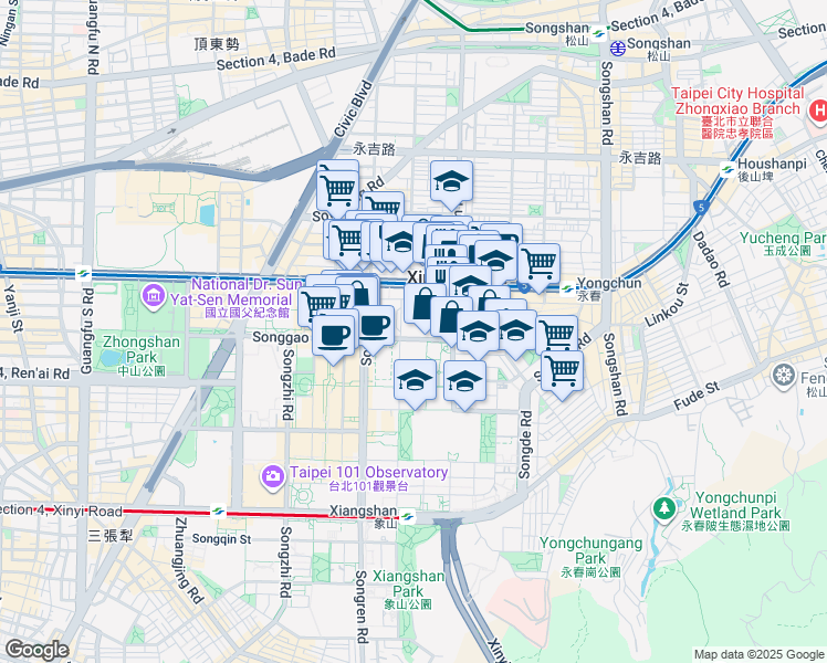 map of restaurants, bars, coffee shops, grocery stores, and more near 77 Songgao Road in Xinyi District