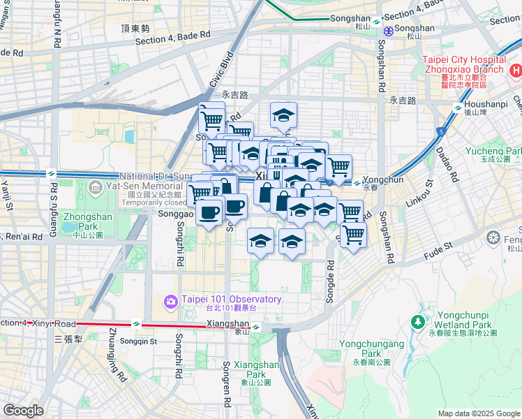 map of restaurants, bars, coffee shops, grocery stores, and more near 77 Songgao Road in Xinyi District