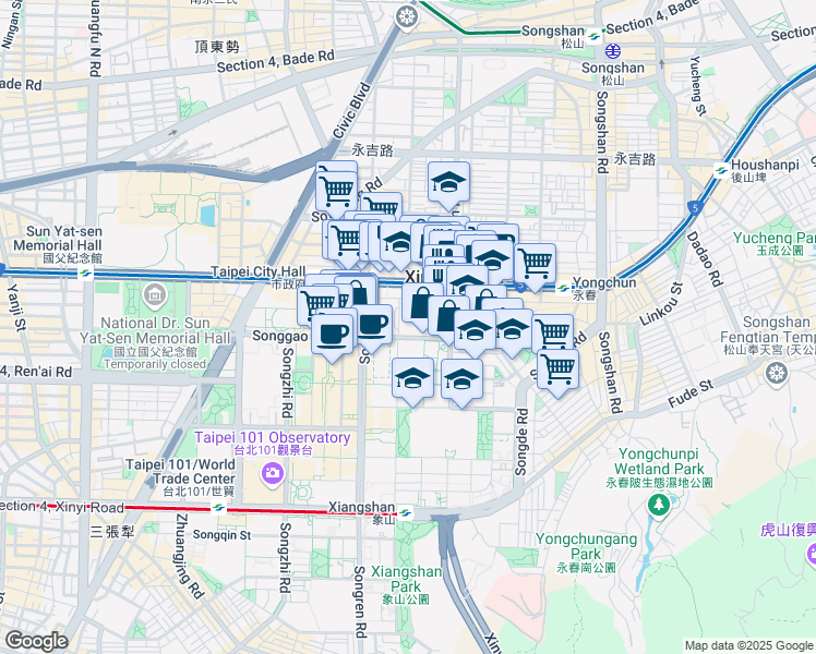 map of restaurants, bars, coffee shops, grocery stores, and more near 77 Songgao Road in Xinyi District