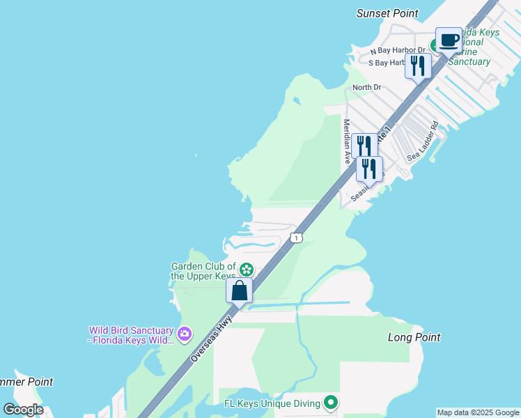 map of restaurants, bars, coffee shops, grocery stores, and more near 185 Adobe Casa Court Drive in Key Largo