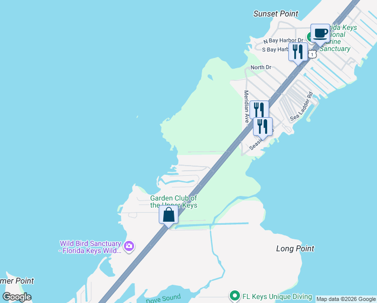 map of restaurants, bars, coffee shops, grocery stores, and more near 185 Adobe Casa Court Drive in Key Largo