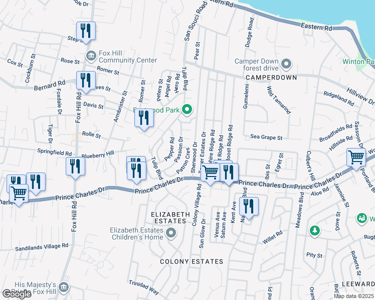 map of restaurants, bars, coffee shops, grocery stores, and more near Tower Estates Drive in Nassau
