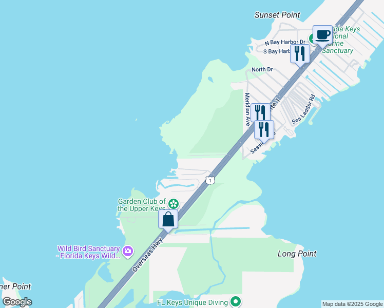 map of restaurants, bars, coffee shops, grocery stores, and more near 185 Adobe Casa Court Drive in Key Largo