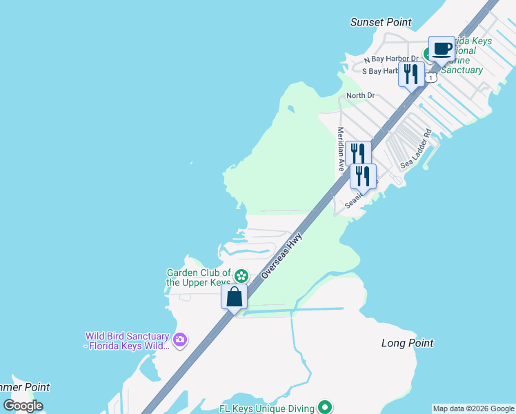 map of restaurants, bars, coffee shops, grocery stores, and more near 185 Adobe Casa Court Drive in Key Largo
