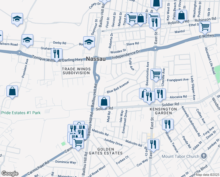 map of restaurants, bars, coffee shops, grocery stores, and more near 77 Orange Blossom Avenue in Nassau