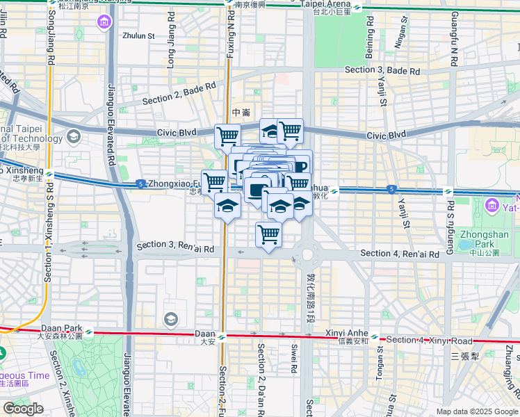 map of restaurants, bars, coffee shops, grocery stores, and more near 100 Section 1, Da'an Road in Da’an District