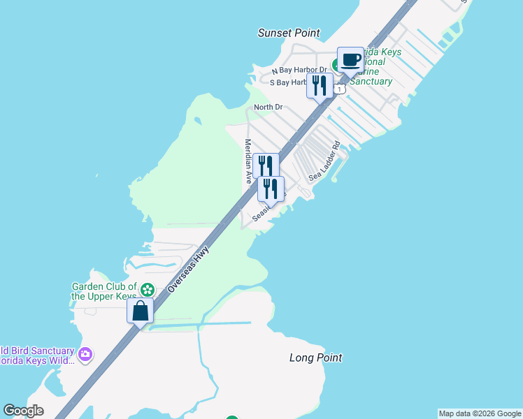 map of restaurants, bars, coffee shops, grocery stores, and more near 121 Seaside Avenue in Key Largo