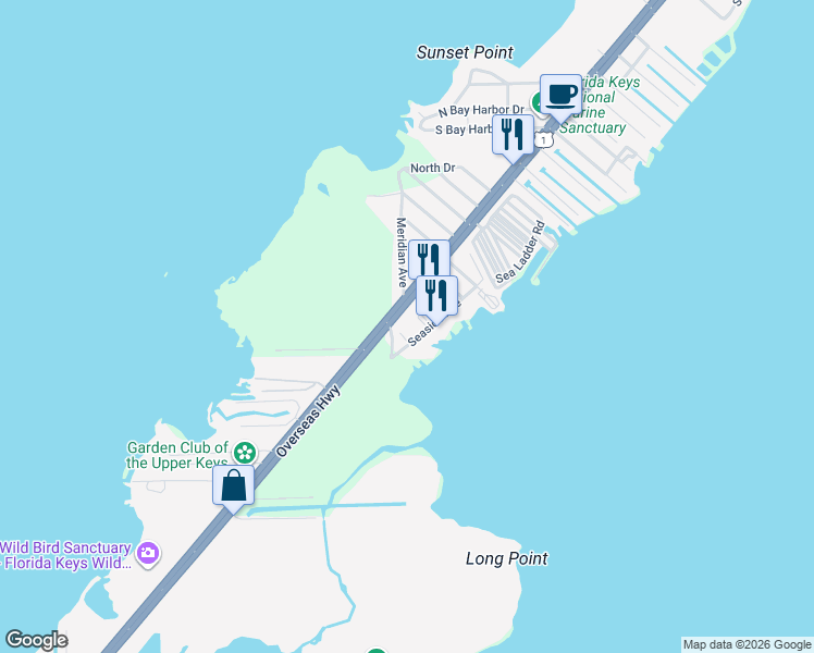 map of restaurants, bars, coffee shops, grocery stores, and more near 121 Seaside Avenue in Key Largo