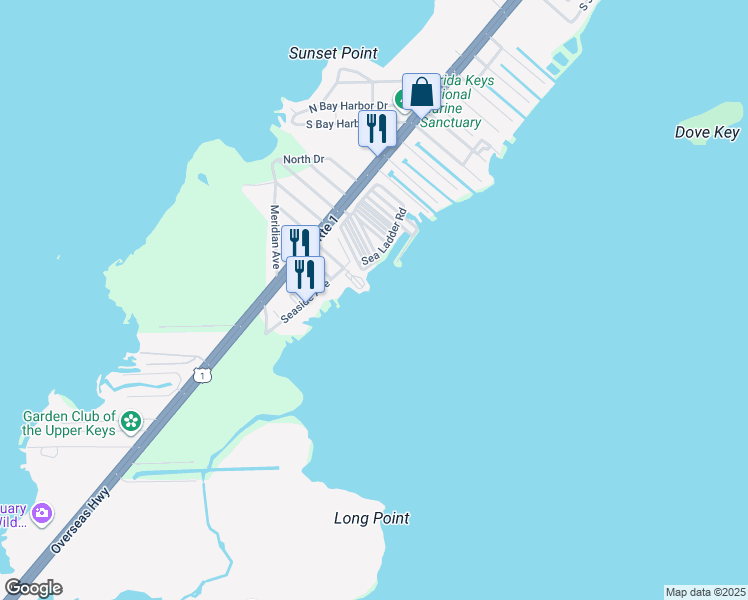 map of restaurants, bars, coffee shops, grocery stores, and more near 99 Seaside Avenue in Key Largo
