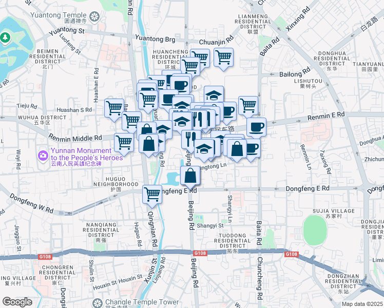 map of restaurants, bars, coffee shops, grocery stores, and more near 489 Bei Jing Lu in Kunming Shi