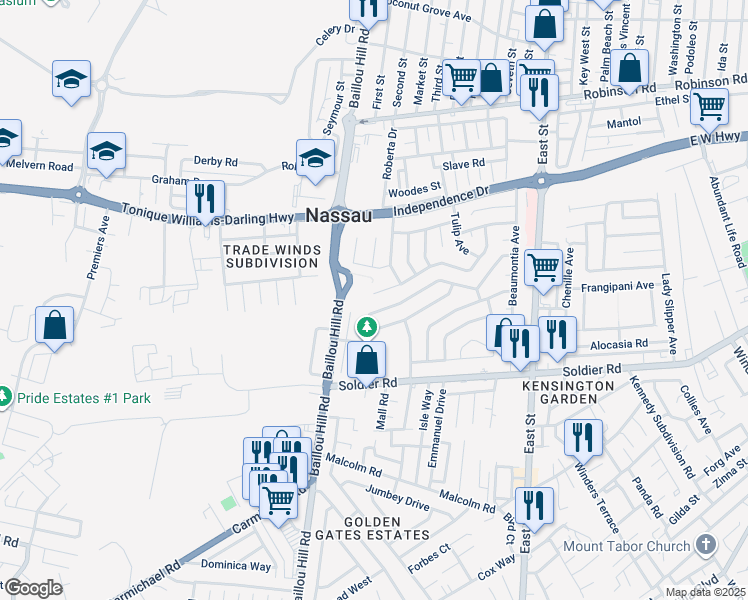 map of restaurants, bars, coffee shops, grocery stores, and more near 77 Orange Blossom Avenue in Nassau