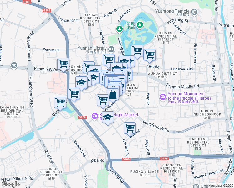 map of restaurants, bars, coffee shops, grocery stores, and more near Dong Feng Xi Lu in Kun Ming Shi