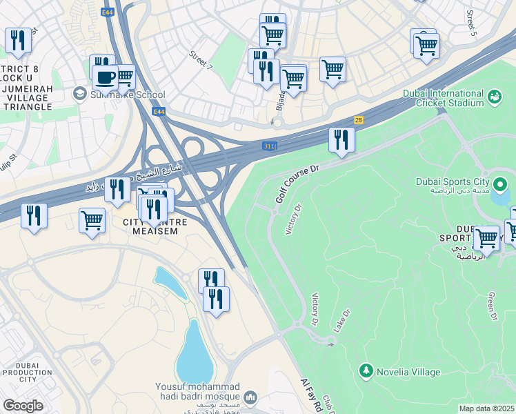 map of restaurants, bars, coffee shops, grocery stores, and more near Golf Course Drive in Dubai