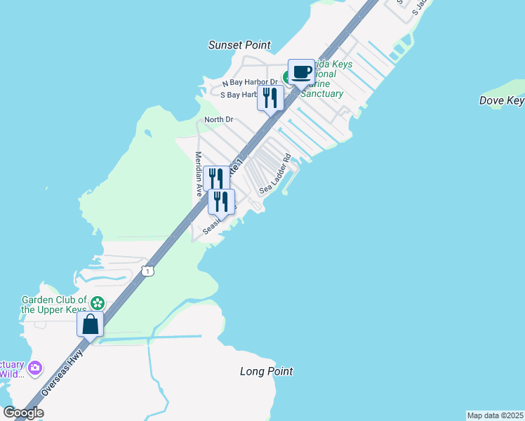 map of restaurants, bars, coffee shops, grocery stores, and more near 99 Seaside Avenue in Key Largo