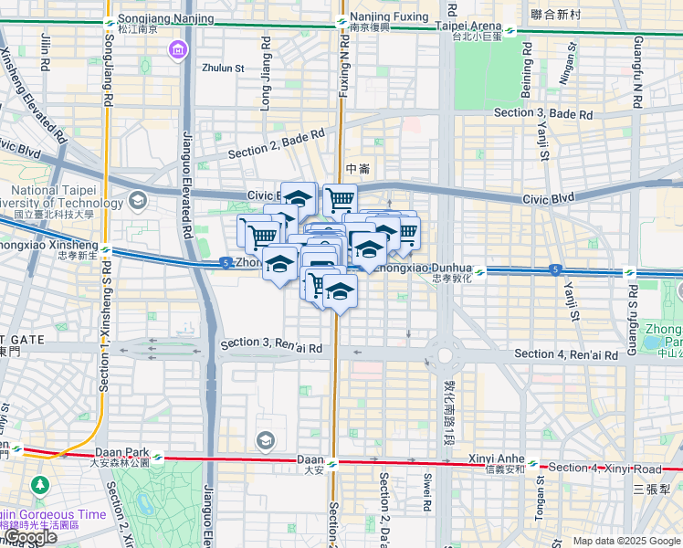 map of restaurants, bars, coffee shops, grocery stores, and more near 2 Zhongxiao East Road in Da’an District