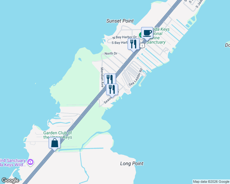 map of restaurants, bars, coffee shops, grocery stores, and more near 113 Seaside Avenue in Key Largo