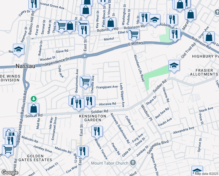 map of restaurants, bars, coffee shops, grocery stores, and more near Frangipani Avenue in Nassau