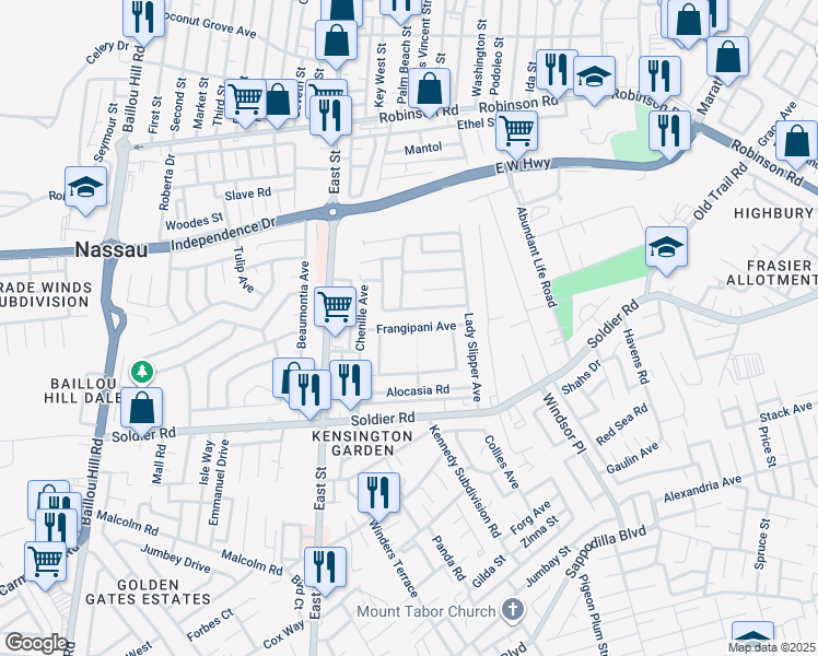 map of restaurants, bars, coffee shops, grocery stores, and more near Frangipani Avenue in Nassau