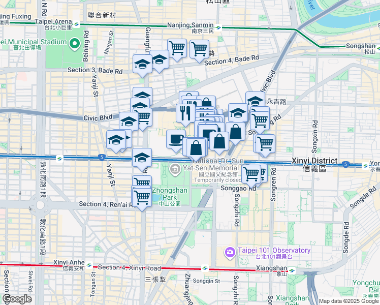 map of restaurants, bars, coffee shops, grocery stores, and more near 525 Section 4, Zhongxiao East Road in Xinyi District