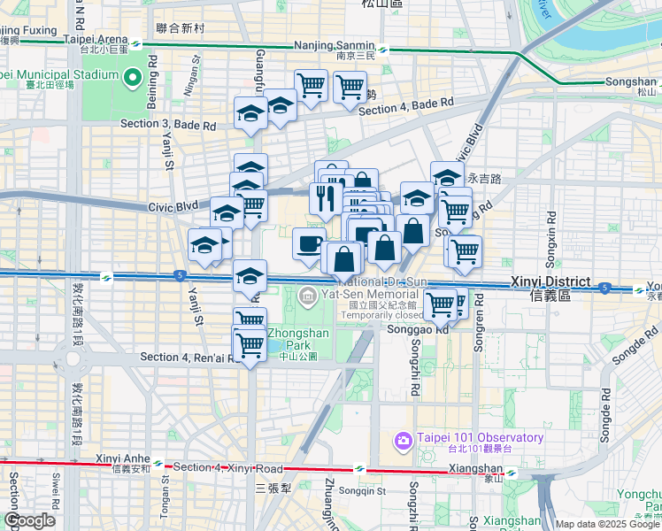 map of restaurants, bars, coffee shops, grocery stores, and more near 525 Section 4, Zhongxiao East Road in Xinyi District