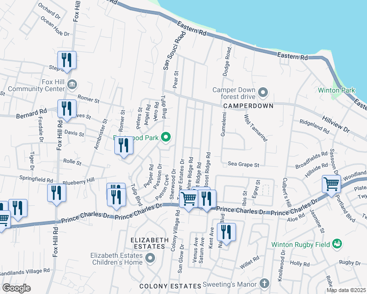 map of restaurants, bars, coffee shops, grocery stores, and more near Tower Estates Drive in Nassau