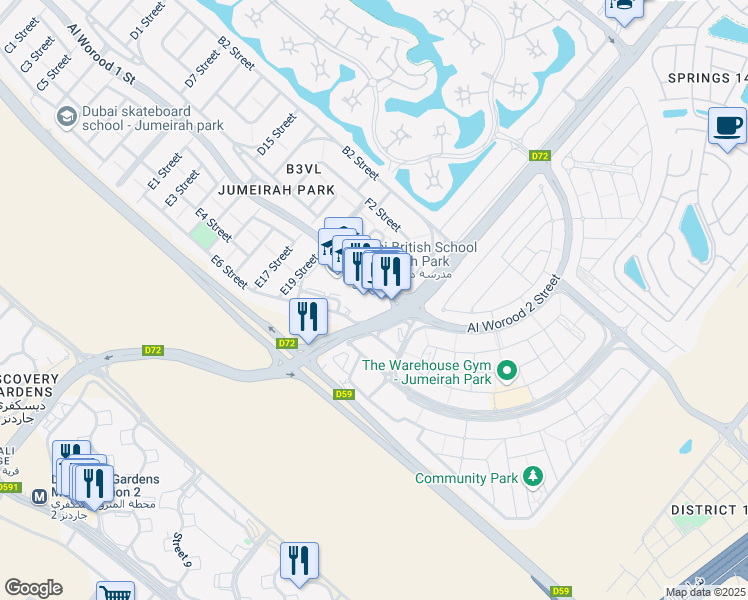 map of restaurants, bars, coffee shops, grocery stores, and more near Al Worood 1 Street in Dubai