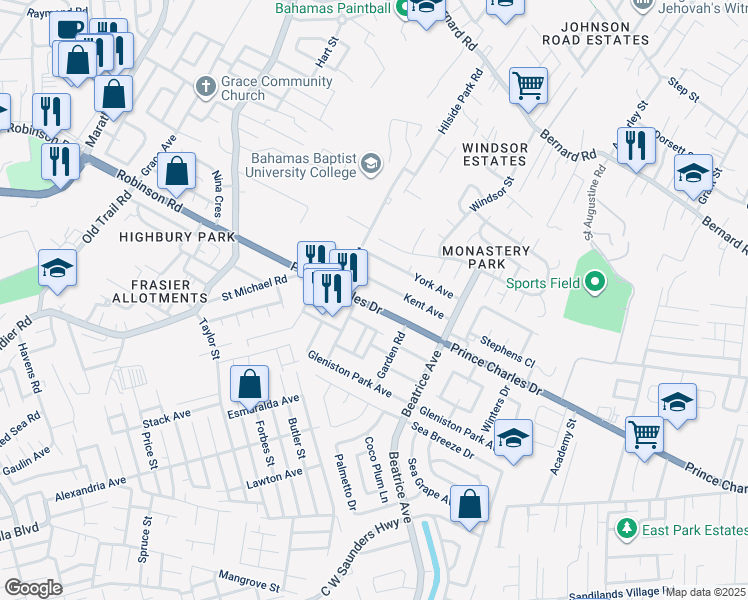 map of restaurants, bars, coffee shops, grocery stores, and more near Prince Charles Drive in Nassau