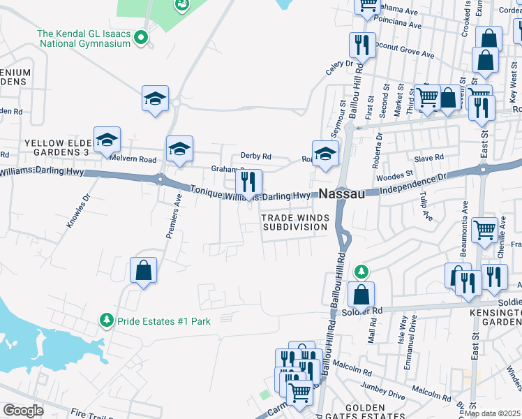 map of restaurants, bars, coffee shops, grocery stores, and more near Tonique Williams-Darling Highway in Nassau