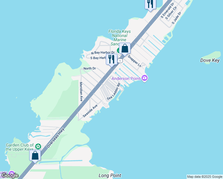 map of restaurants, bars, coffee shops, grocery stores, and more near 94825 Overseas Highway in Key Largo