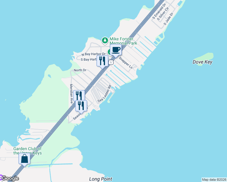 map of restaurants, bars, coffee shops, grocery stores, and more near Sea Ladder Rd in Key Largo