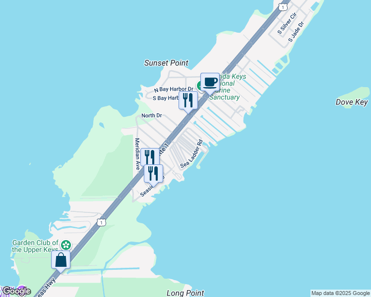map of restaurants, bars, coffee shops, grocery stores, and more near 94825 Overseas Highway in Key Largo