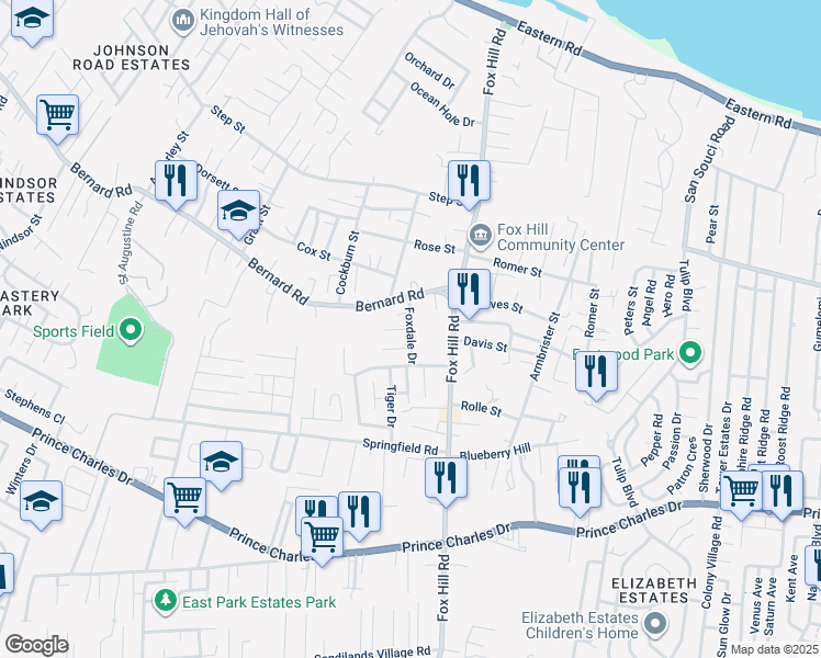 map of restaurants, bars, coffee shops, grocery stores, and more near Foxdale Drive in Nassau