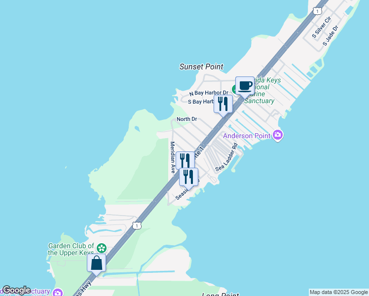 map of restaurants, bars, coffee shops, grocery stores, and more near 41 Gumbo Limbo Avenue in Key Largo