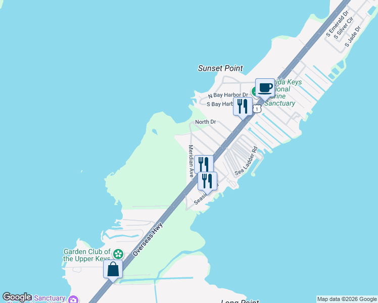 map of restaurants, bars, coffee shops, grocery stores, and more near 8 Meridian Avenue in Key Largo