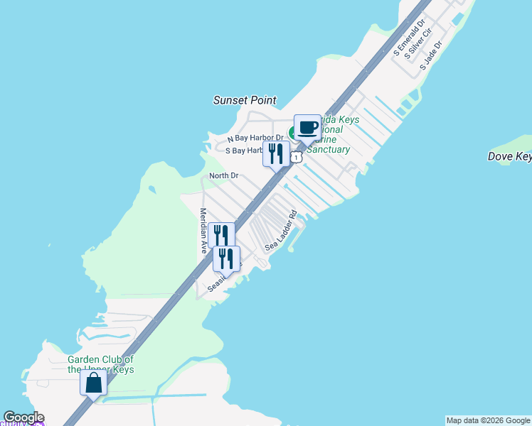 map of restaurants, bars, coffee shops, grocery stores, and more near 94825 Overseas Highway in Key Largo