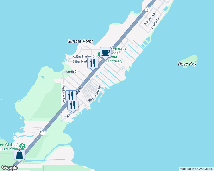 map of restaurants, bars, coffee shops, grocery stores, and more near 601 Cuda Lane in Key Largo