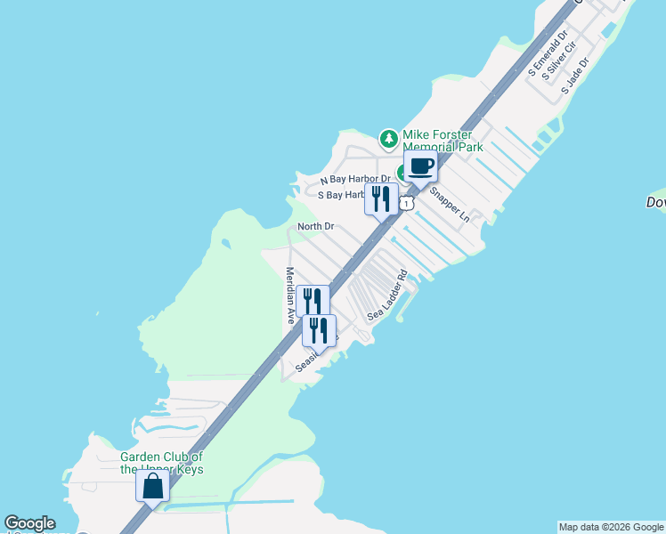 map of restaurants, bars, coffee shops, grocery stores, and more near 83 Central Avenue in Key Largo