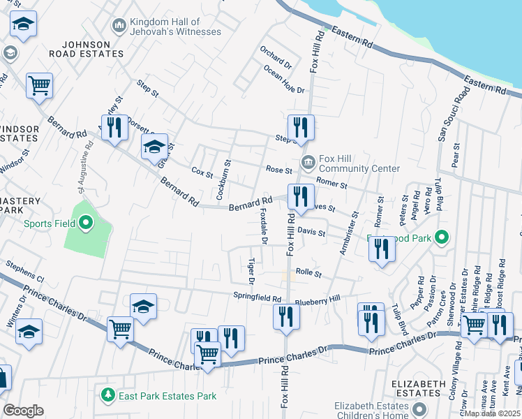 map of restaurants, bars, coffee shops, grocery stores, and more near Foxdale Drive in Nassau