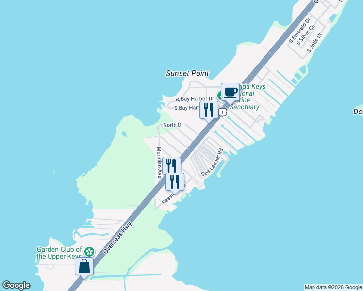 map of restaurants, bars, coffee shops, grocery stores, and more near 83 Central Avenue in Key Largo