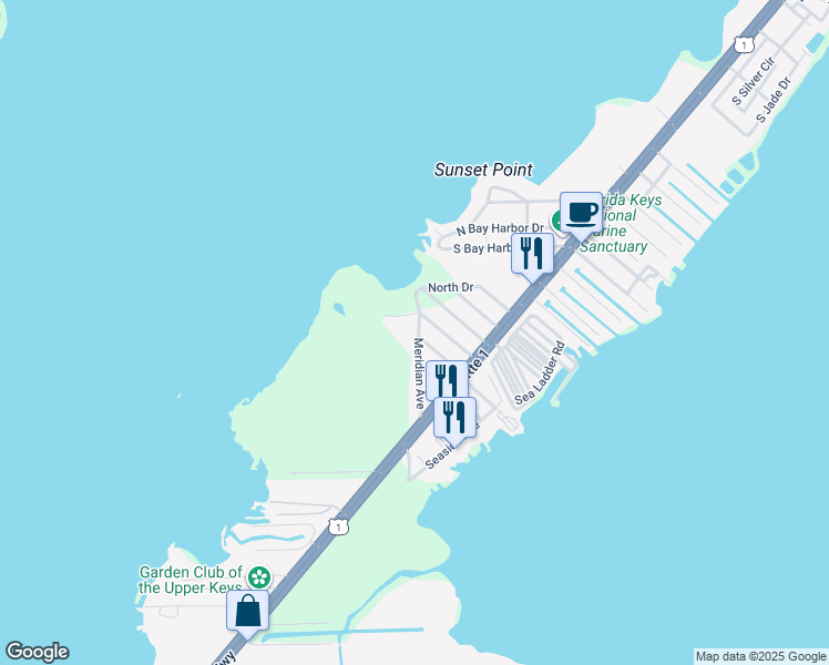 map of restaurants, bars, coffee shops, grocery stores, and more near 8 Meridian Avenue in Key Largo